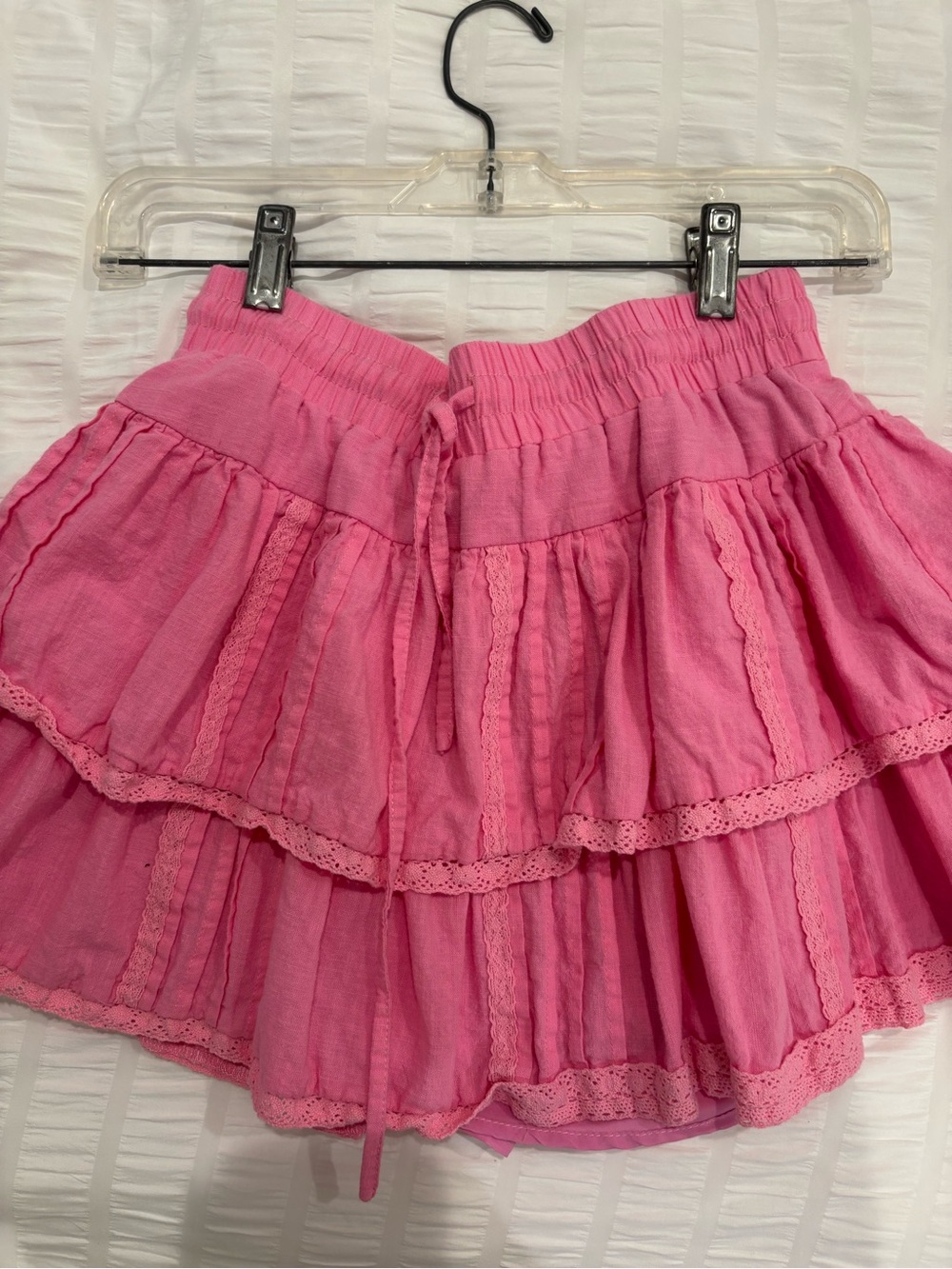 Women's Pink Tiered Ruffle Mini Skirt with Lace Trim